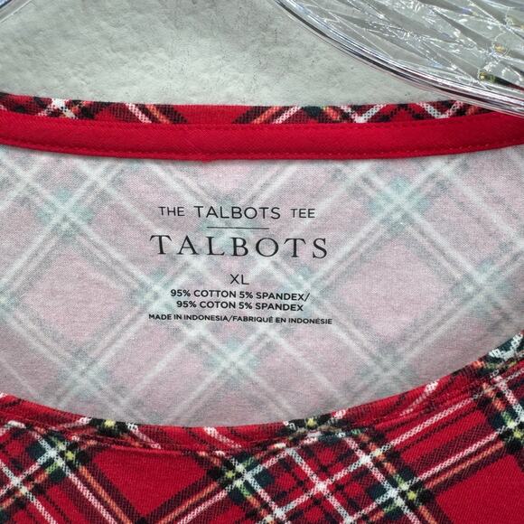 Talbots XL Red Plaid Long Sleeve Stretch Tee Cotton Blend Holiday Top - Picture 2 of 6